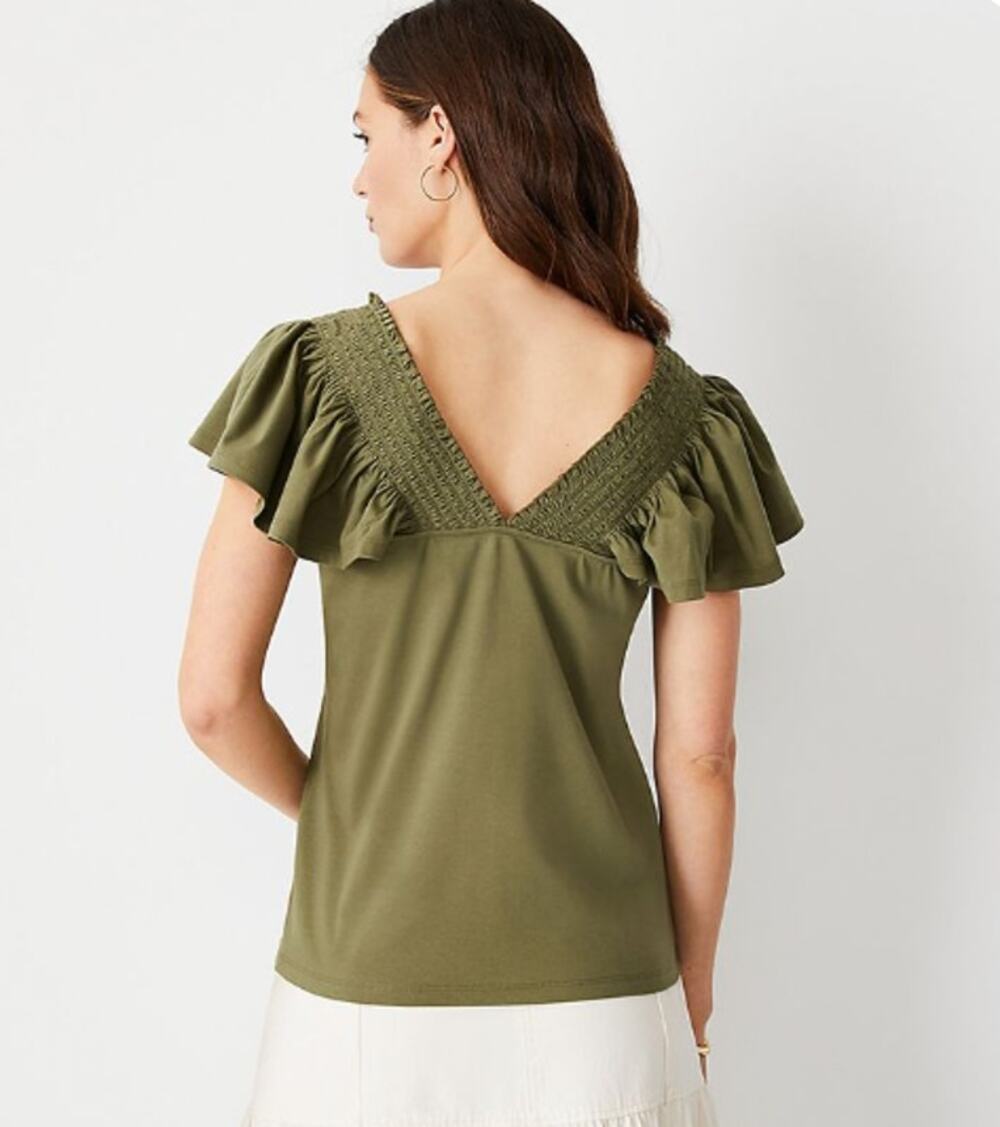 Ann Taylor Green Smocked Shoulder Flutter Sleeves Shirt XXS